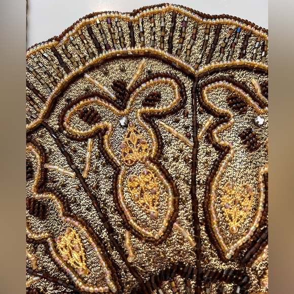 Vintage Beaded Evening Clutch Crossbody Purse Gold Metallic Scalloped - Picture 6 of 8